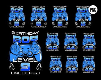 May include: A blue and white graphic design of a video game controller with the text "Birthday Boy" and "Level Unlocked" for each age from 5 to 15. The design is on a black background.