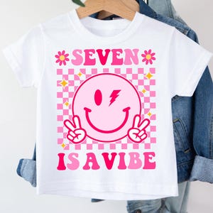 Seven Is A Vibe SVG PNG, 7th Birthday Groovy pink Girls 7 Years Old svg file shirt , Cute 7th Birthday Retro Groovy svg digital download