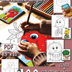 Fun Fruits Coloring Book with Colored Samples Pages, 20+20 Pages of Adorable Fruit Characters + Bonus Game! (Digital PDF)