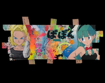 Pop Art Dragon Ball C18 and Bulma Painting – Original artwork on pallet wood, manga street art signed Vincent Streiff