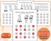 Find and Color Ice Cream Worksheets 1-10/ Preschool Number Recognition Activity/ Summer math printable/ Kindergarten Worksheet