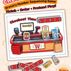 Puede incluir: Un juego de secuencias numéricas de supermercado titulado Checkout Time, que muestra una caja roja con escáner, pantalla y cinta transportadora. Incluye recortes de alimentos numerados del 1 al 5 y tiras rojas de secuencias numéricas.