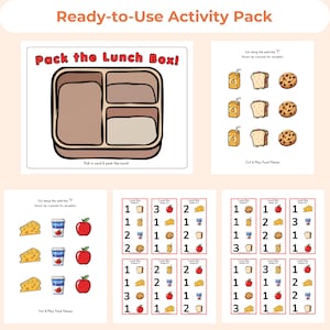 May include: A Ready-to-Use Activity Pack featuring a Pack the Lunch Box game. Includes a printable lunch box template, cut-and-play food pieces like juice boxes, sandwiches, cookies, cheese, yogurt, and apples, plus order cards with numbered food lists.