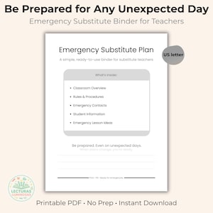 Puede incluir: Un archivador blanco de Plan de Sustituto de Emergencia con el texto "Be Prepared for Any Unexpected Day" y "Emergency Substitute Binder for Teachers". El archivador incluye secciones para la descripción general del aula, reglas, contactos e ideas de lecciones.
