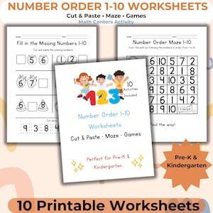 Puede incluir: Un conjunto de 10 hojas de trabajo imprimibles para preescolar y jardín de infancia. Las hojas de trabajo incluyen actividades de orden de números, ejercicios de cortar y pegar y laberintos. La portada presenta ilustraciones coloridas.