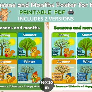Puede incluir: Un colorido póster educativo para niños, con las estaciones y los meses. El póster incluye dos versiones con ilustraciones de ardillas, árboles y el sol. El póster mide 40,64 x 50,8 cm.