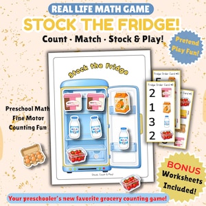 Può includere: Un colorato gioco educativo intitolato "Stock the Fridge!" presenta una grafica di un frigorifero con generi alimentari. Include fogli di lavoro per la matematica prescolare, le capacità motorie fini e il divertimento del conteggio. Il gioco incoraggia i bambini a contare, abbinare, stoccare e giocare.