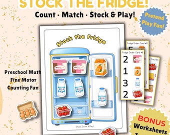 May include: A colorful educational game titled "Stock the Fridge!" features a refrigerator graphic with food items. Includes worksheets for preschool math, fine motor skills, and counting fun. The game encourages children to count, match, stock, and play.