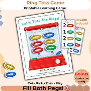 Könnte beinhalten: Roter Ringwurfspiel-Automat mit bunten Ringen und dem Text "Let's Toss the Rings!" und "Fill Both Pegs!". Enthält Herausforderungskarten. Ein druckbares Lernspiel.