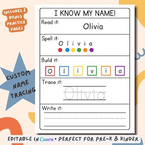 Puede incluir: Una hoja de trabajo blanca con el texto "I Know My Name!" presenta el nombre "Olivia" en varios ejercicios. Incluye trazar, deletrear y construir el nombre con bloques de colores. La hoja de trabajo está diseñada para preescolar y jardín de infancia.