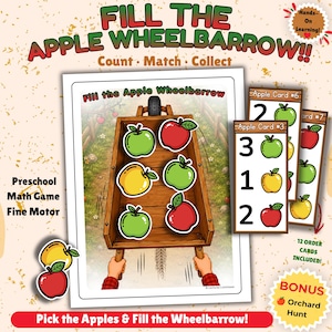 Puede incluir: Un juego de matemáticas preescolar titulado Fill the Apple Wheelbarrow con una ilustración de carretilla de madera y recortes de manzanas rojas, verdes y amarillas. Incluye tarjetas numéricas para contar y clasificar.