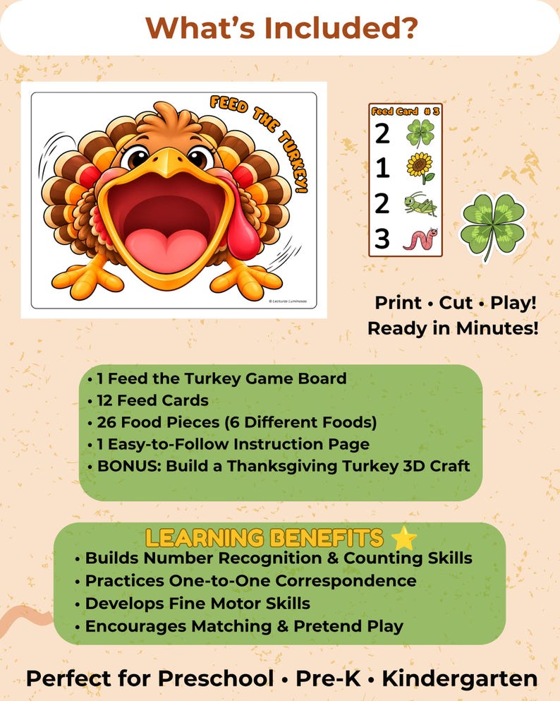 Turkey Math Printable Feed the Turkey Counting Game/ Thanksgiving Preschool Math Activity ...