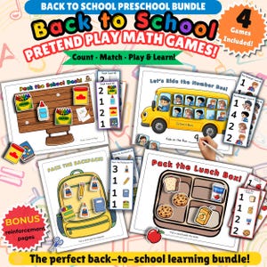 Puede incluir: Un paquete de juegos matemáticos preescolares Back to School que incluye cuatro actividades imprimibles. El set contiene hojas de trabajo tituladas Pack the School Desk, Let's Ride the Number Bus, Pack the Backpack y Pack the Lunch Box.