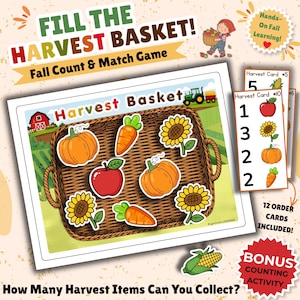 May include: A fall-themed count and match game titled Fill the Harvest Basket. The set includes a game board featuring a woven basket, cutouts of pumpkins, apples, carrots, and sunflowers, plus 12 order cards and a bonus counting activity.