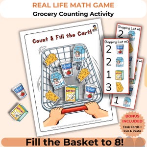 Puede incluir: Un juego educativo colorido con el texto "Real Life Math Game" y "Grocery Counting Activity". La imagen muestra un carrito de compras con alimentos y listas de compras. El juego está diseñado para enseñar a contar.