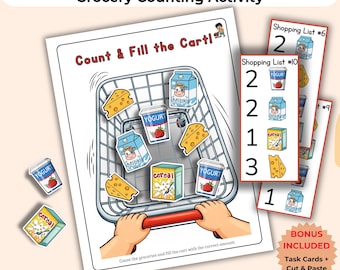 May include: A colorful educational game with the text "Real Life Math Game" and "Grocery Counting Activity." The image shows a shopping cart filled with illustrated groceries, task cards, and the text "Fill the Basket to 8!"