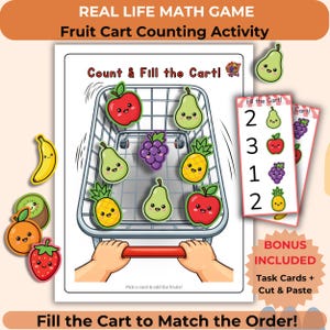 Könnte beinhalten: Ein farbenfrohes Lernspiel mit einem Einkaufswagen mit illustrierten Früchten. Das Spiel enthält Aufgabenkarten mit Zahlen und Obstbildern. Der Text auf dem Bild lautet: "Real Life Math Game Fruit Cart Counting Activity" und "Count & Fill the Cart!"