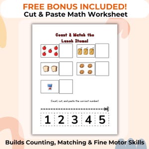 May include: A printable math worksheet titled Count & Match the Lunch Items! featuring illustrations of apples, juice boxes, bread, cookies, and yogurt. The page includes empty boxes for matching and a bottom section with numbers 1 through 5 to cut out.