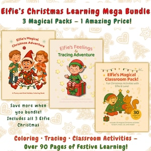Puede incluir: Un paquete de tres libros de actividades navideñas. Las portadas presentan ilustraciones de elfos, niños y elementos festivos. El paquete incluye actividades para colorear, trazar y actividades de clase, con más de 90 páginas de aprendizaje festivo.