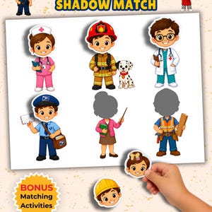 Puede incluir: Una hoja de actividades Community Helpers Shadow Match con ilustraciones de dibujos animados de una enfermera, bombero con perro, médico, cartero, profesor y trabajador de la construcción, incluyendo cabezas recortables.