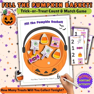 Utskrivbart spel med pumpakorgräkning för Halloween/ Bus eller godis-matteaktivitet/ Räkna och matcha för förskola/ Igenkänning av Halloween-nummer