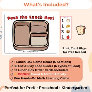 May include: A printable educational game set titled Pack the Lunch Box featuring a three-section lunch box game board, a lunch box order card with food icons, and a sandwich cutout. The set includes 1 lunch box board, 18 food pieces, and 12 order cards.