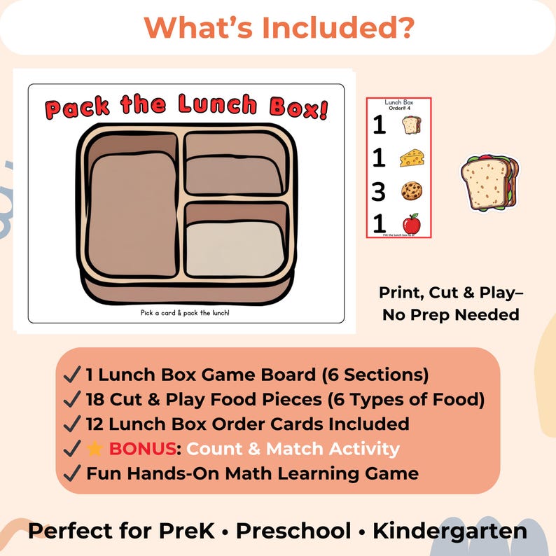 May include: A printable educational game set titled Pack the Lunch Box featuring a three-section lunch box game board, a lunch box order card with food icons, and a sandwich cutout. The set includes 1 lunch box board, 18 food pieces, and 12 order cards.