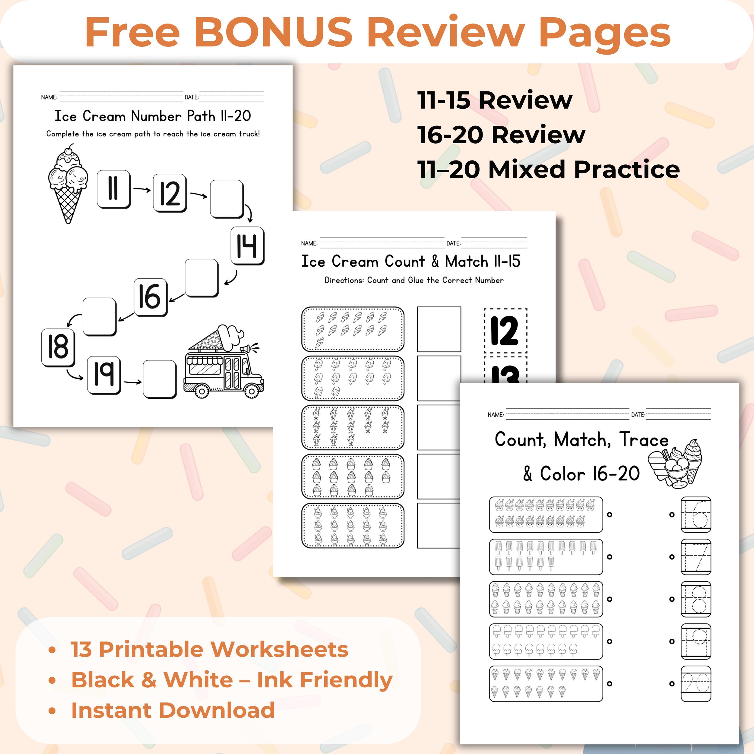Ice Cream Number Worksheets 11-20/ Summer Preschool Math Activities ...