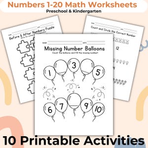 Puede incluir: Hojas de trabajo de matemáticas en blanco y negro para preescolar y jardín de infancia. Las hojas de trabajo incluyen actividades como contar globos, números anteriores y posteriores y rompecabezas numéricos. El texto de la imagen dice "Numbers 1-20 Math Worksheets" y "10 Printable Activities."