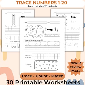 Puede incluir: Tres hojas de trabajo de matemáticas preescolares blancas con números de trazado 1-20. Las hojas de trabajo incluyen actividades de trazado, conteo y emparejamiento. El texto en las hojas de trabajo incluye "Traza y escribe el número".