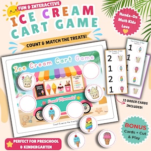 Puede incluir: Un juego interactivo de heladería para preescolares y niños de jardín de infancia. El juego incluye un tablero de juego colorido con una heladería, tarjetas de pedido y círculos de golosinas a juego. El texto en el tablero dice "¡Cuenta y combina los dulces!"