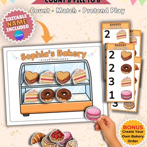 Puede incluir: Un juego educativo imprimible titulado Sophia's Bakery que incluye una vitrina, piezas de pastelería recortables y tarjetas de pedido. El set contiene ilustraciones de pasteles, donas y croissants para practicar el conteo hasta el ocho.