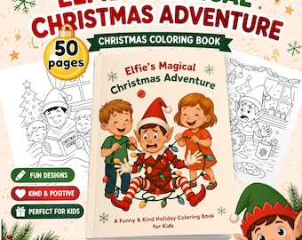 Może przedstawiać: Kolorowanka zatytułowana Elfie's Magical Christmas Adventure z ilustracją na okładce przedstawiającą dwoje dzieci i elfa zaplątanych w świąteczne lampki. Książka zawiera 50 stron ze świątecznymi wzorami do kolorowania dla dzieci.