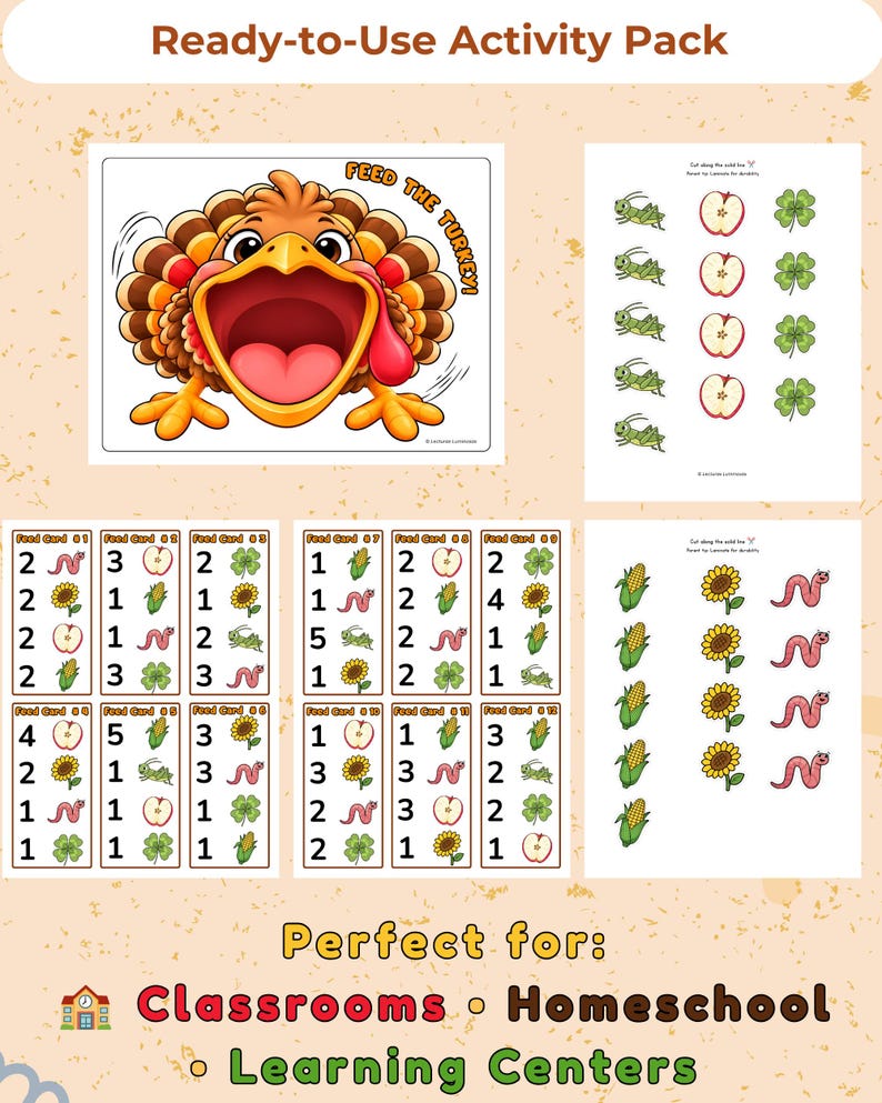 Turkey Math Printable Feed the Turkey Counting Game/ Thanksgiving Preschool Math Activity ...