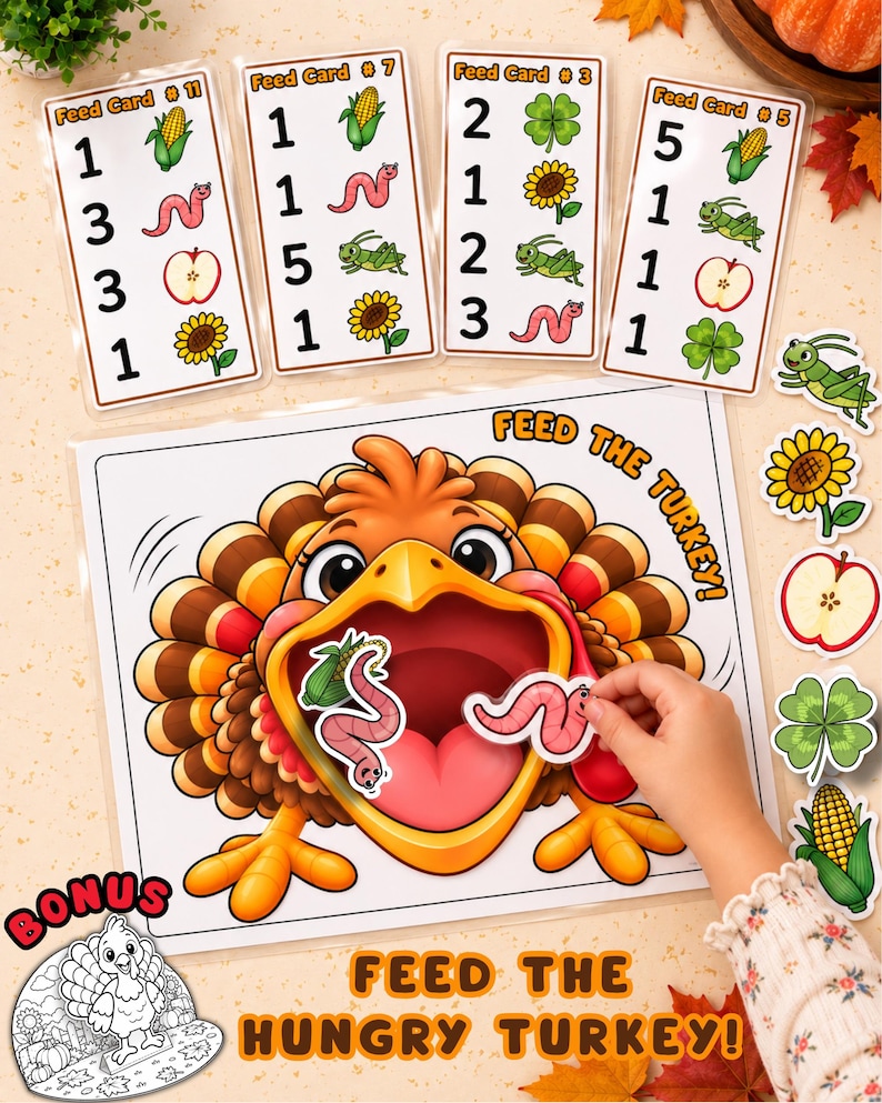 Turkey Math Printable Feed the Turkey Counting Game/ Thanksgiving Preschool Math Activity ...