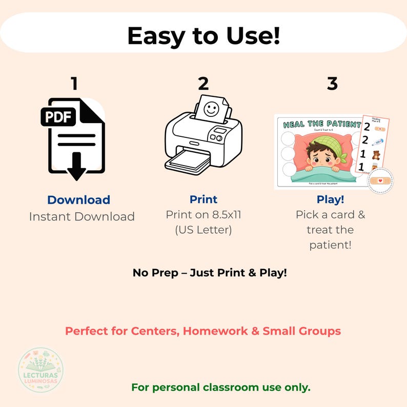 Doctor Pretend Play Learn Math Game Printable/ Counting to 6 for ...