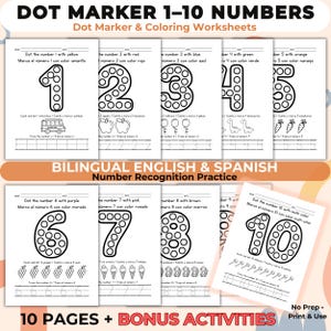Puede incluir: Un conjunto de 10 hojas de trabajo de marcadores de puntos y para colorear para el reconocimiento de números, con los números del 1 al 10. Cada página incluye un número con marcadores de puntos y texto bilingüe en inglés y español.
