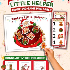 Puede incluir: Un juego de conteo imprimible Santa's Little Helper con un gran saco rojo lleno de trenes de juguete, osos de peluche y cajas de regalo. Incluye listas de empaque con números e ilustraciones, además de actividades adicionales como dados y cartas.