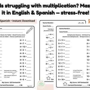 Puede incluir: Hojas de trabajo de multiplicación imprimibles en blanco y negro en inglés y español. Las hojas de trabajo incluyen ejercicios de práctica mixtos y de dominio, con espacio para los nombres y las puntuaciones de los estudiantes. El texto dice "Kids struggling with multiplication? Master it in English & Spanish - stress-free!"