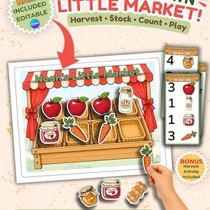 Pode incluir: Um conjunto de atividades de mercado imprimível com uma ilustração de uma banca de madeira com cestos para alimentos, incluindo maçãs, cenouras, leite e compota. O conjunto inclui cartões de pedido com números e ícones de comida, rotulado "Noah's Little Market".