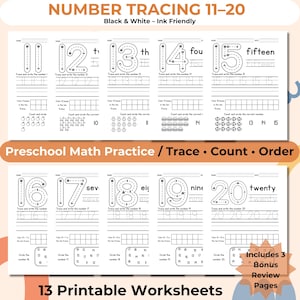 May include: Black and white printable worksheets for preschool math practice. The worksheets include number tracing from 11 to 20, counting, and ordering exercises. The image includes the text "Number Tracing 11-20" and "Preschool Math Practice / Trace • Count • Order."