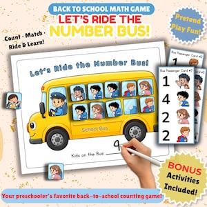 Puede incluir: Un juego educativo colorido con un autobús escolar amarillo y el texto "Let's Ride the Number Bus!". Incluye tarjetas de conteo y actividades adicionales. Diseñado para preescolares.