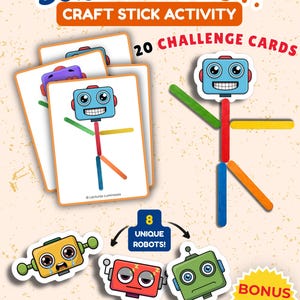 Puede incluir: Un set de actividad de manualidades con palitos Build-A-Robot que incluye 20 tarjetas de desafío, 8 recortes de cabezas de robot únicas con varias expresiones y palitos de madera coloridos. El texto dice Build-A-Robot, Craft Stick Activity, 20 Challenge Cards, 8 Unique Robots, Bonus Included y Match, Build, Learn.