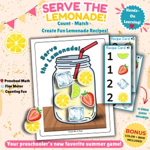 Puede incluir: Un juego educativo colorido para preescolares. La imagen presenta una actividad con temática de limonada con tarjetas de recetas, ilustraciones de limones, fresas y cubitos de hielo. El texto dice "Serve the Lemonade!" y "Count, Match."