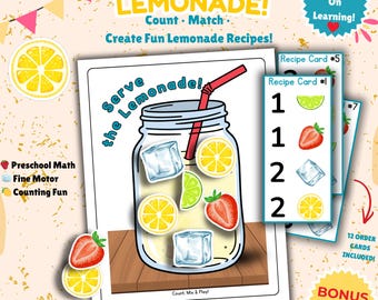 May include: A colorful educational game for preschoolers. The image features a lemonade-themed activity with recipe cards, illustrations of lemons, strawberries, and ice cubes. The text reads "Serve the Lemonade!" and "Count, Match."
