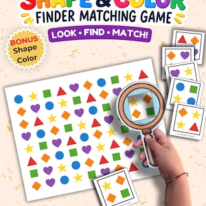 Puede incluir: Un juego de emparejamiento Shape & Color Finder con una hoja blanca grande llena de formas geométricas coloridas, una lupa recortada y 24 tarjetas de desafío. El texto dice Shape & Color Finder Matching Game, Look Find Match, Bonus Shape Color, 80 Shapes 24 Challenge Cards 2 Bonus Versions.