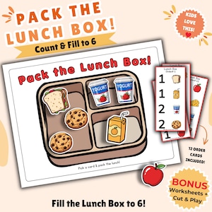 May include: An educational game, "Pack the Lunch Box!", shows a lunchbox with food illustrations like yogurt, cookies, and juice. The game includes order cards and bonus worksheets. The text reads "Count & Fill to 6" and "Fill the Lunch Box to 6!"