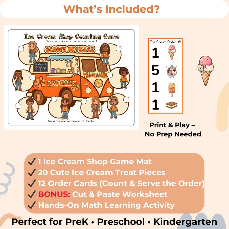 Ice Cream Shop Counting Game/ Preschool Math Printable/ Retro Cutecore ...