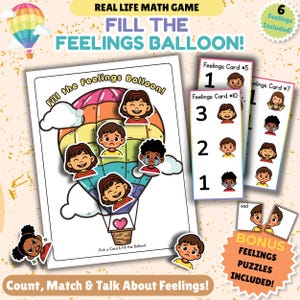 Puede incluir: Un juego educativo imprimible titulado Fill the Feelings Balloon que incluye una ilustración de un globo aerostático, tarjetas con números y expresiones faciales, además de piezas de rompecabezas sobre las emociones.