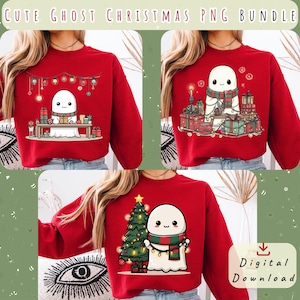 Puede incluir: Sudaderas rojas con diseños de fantasmas navideños. Las sudaderas presentan un fantasma blanco con bufanda, árbol de Navidad y regalos. El texto "CUTE GHOST CHRISTMAS PNG BUNDLE" está en la parte superior. Un icono de descarga digital está en la esquina inferior derecha.